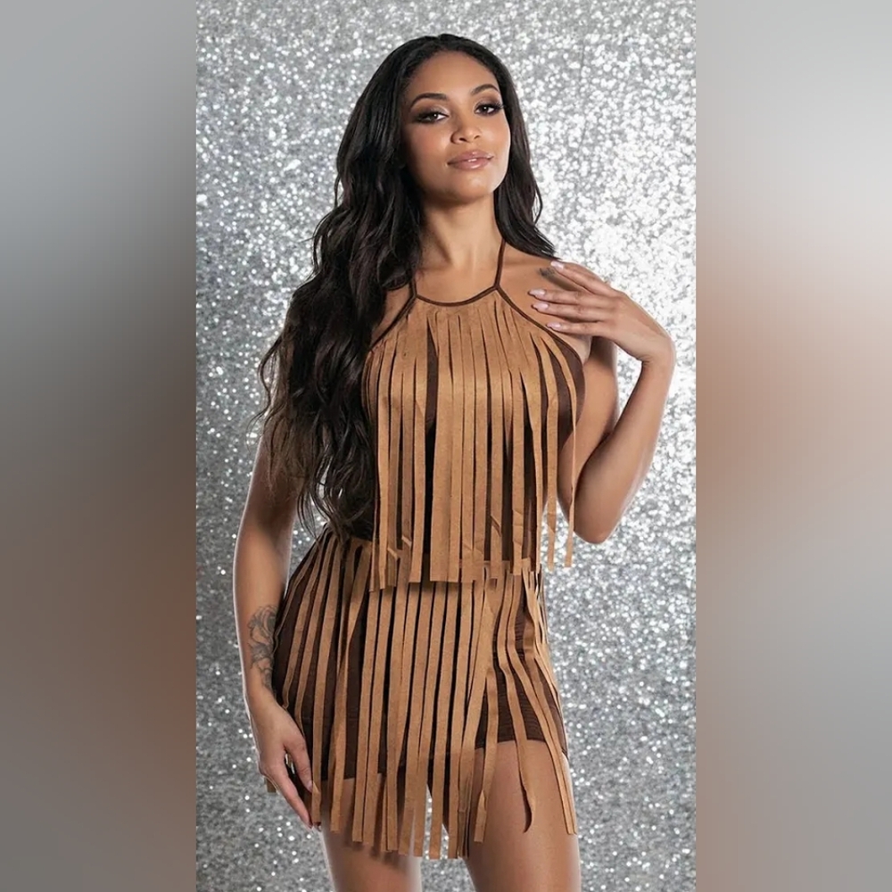 Roma Brown Fringe Halter Dresd